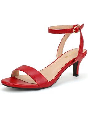 Women's Red Low Open Toe Short Ankle Strap Round Toe Dress Kitten Heels Sandals